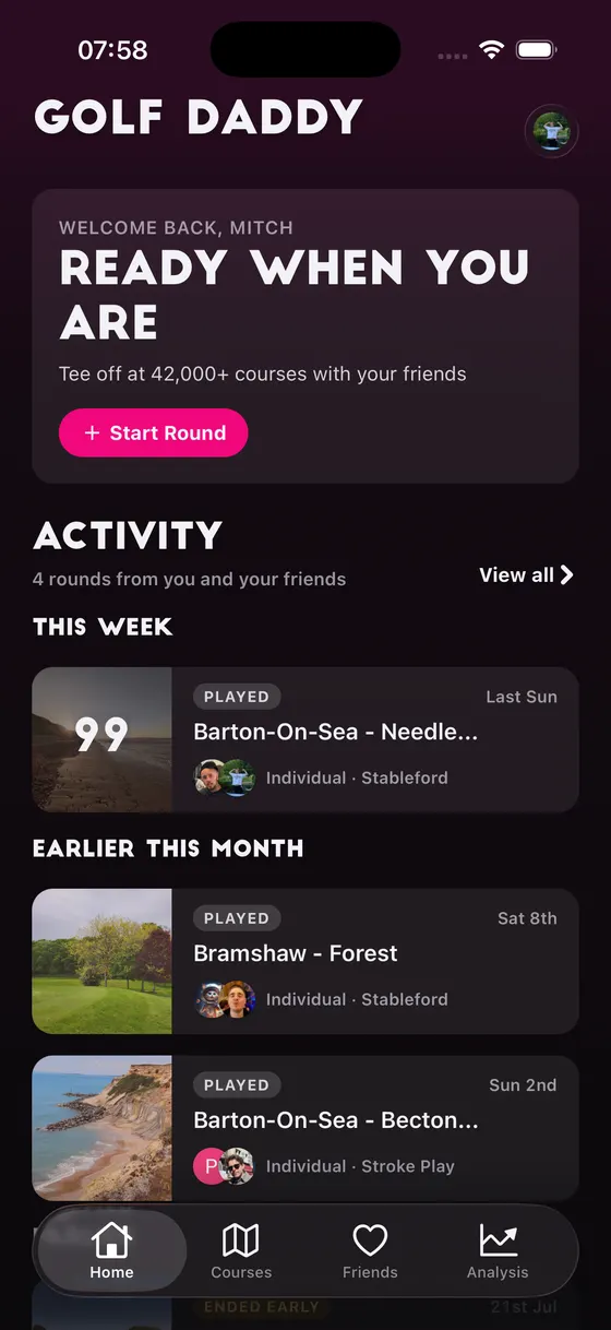 Golf Daddy home screen showing recent rounds from you and your friends
