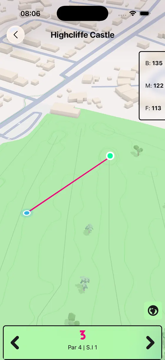 Golf Daddy GPS map showing front, middle and back yardages to the green